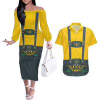 Lederhosen Oktoberfest Couples Matching Off The Shoulder Long Sleeve Dress and Hawaiian Shirt Bavarian Beer Time - Wonder Print Shop