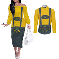Lederhosen Oktoberfest Couples Matching Off The Shoulder Long Sleeve Dress and Long Sleeve Button Shirt Bavarian Beer Time - Wonder Print Shop