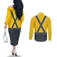 Lederhosen Oktoberfest Couples Matching Off The Shoulder Long Sleeve Dress and Long Sleeve Button Shirt Bavarian Beer Time - Wonder Print Shop