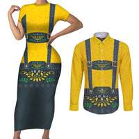 Lederhosen Oktoberfest Couples Matching Short Sleeve Bodycon Dress and Long Sleeve Button Shirt Bavarian Beer Time - Wonder Print Shop