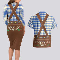 Lederhosen Oktoberfest Couples Matching Long Sleeve Bodycon Dress and Hawaiian Shirt Blue Edelweiss Floral Polka Dots - Wonder Print Shop