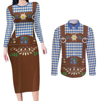 Lederhosen Oktoberfest Couples Matching Long Sleeve Bodycon Dress and Long Sleeve Button Shirt Blue Edelweiss Floral Polka Dots - Wonder Print Shop
