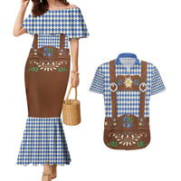 Lederhosen Oktoberfest Couples Matching Mermaid Dress and Hawaiian Shirt Blue Edelweiss Floral Polka Dots - Wonder Print Shop