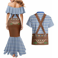 Lederhosen Oktoberfest Couples Matching Mermaid Dress and Hawaiian Shirt Blue Edelweiss Floral Polka Dots - Wonder Print Shop