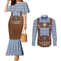 Lederhosen Oktoberfest Couples Matching Mermaid Dress and Long Sleeve Button Shirt Blue Edelweiss Floral Polka Dots - Wonder Print Shop