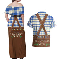 Lederhosen Oktoberfest Couples Matching Off Shoulder Maxi Dress and Hawaiian Shirt Blue Edelweiss Floral Polka Dots - Wonder Print Shop