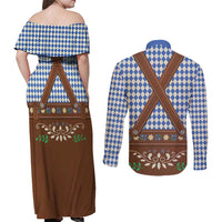 Lederhosen Oktoberfest Couples Matching Off Shoulder Maxi Dress and Long Sleeve Button Shirt Blue Edelweiss Floral Polka Dots - Wonder Print Shop