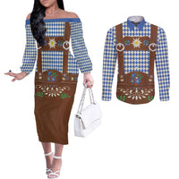 Lederhosen Oktoberfest Couples Matching Off The Shoulder Long Sleeve Dress and Long Sleeve Button Shirt Blue Edelweiss Floral Polka Dots - Wonder Print Shop