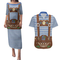 Lederhosen Oktoberfest Couples Matching Puletasi and Hawaiian Shirt Blue Edelweiss Floral Polka Dots - Wonder Print Shop