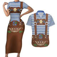 Lederhosen Oktoberfest Couples Matching Short Sleeve Bodycon Dress and Hawaiian Shirt Blue Edelweiss Floral Polka Dots - Wonder Print Shop