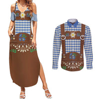 Lederhosen Oktoberfest Couples Matching Summer Maxi Dress and Long Sleeve Button Shirt Blue Edelweiss Floral Polka Dots - Wonder Print Shop