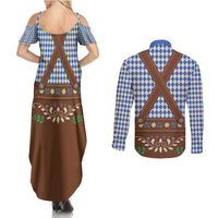 Lederhosen Oktoberfest Couples Matching Summer Maxi Dress and Long Sleeve Button Shirt Blue Edelweiss Floral Polka Dots - Wonder Print Shop