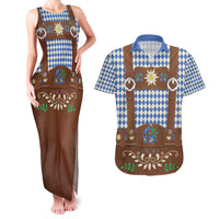 Lederhosen Oktoberfest Couples Matching Tank Maxi Dress and Hawaiian Shirt Blue Edelweiss Floral Polka Dots - Wonder Print Shop
