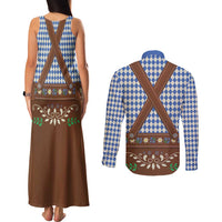 Lederhosen Oktoberfest Couples Matching Tank Maxi Dress and Long Sleeve Button Shirt Blue Edelweiss Floral Polka Dots - Wonder Print Shop