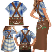 Lederhosen Oktoberfest Family Matching Short Sleeve Bodycon Dress and Hawaiian Shirt Blue Edelweiss Floral Polka Dots - Wonder Print Shop