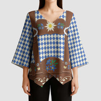 Lederhosen Oktoberfest Kimono Sleeve Blouse Blue Edelweiss Floral Polka Dots - Wonder Print Shop