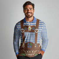 Lederhosen Oktoberfest Long Sleeve Polo Shirt Blue Edelweiss Floral Polka Dots - Wonder Print Shop