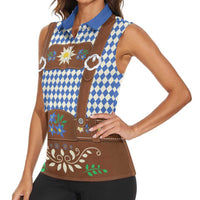 Lederhosen Oktoberfest Women Sleeveless Polo Shirt Blue Edelweiss Floral Polka Dots - Wonder Print Shop