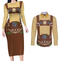 Lederhosen Oktoberfest Couples Matching Long Sleeve Bodycon Dress and Long Sleeve Button Shirt Gold Edelweiss Floral Polka Dots - Wonder Print Shop