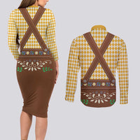 Lederhosen Oktoberfest Couples Matching Long Sleeve Bodycon Dress and Long Sleeve Button Shirt Gold Edelweiss Floral Polka Dots - Wonder Print Shop