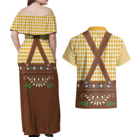 Lederhosen Oktoberfest Couples Matching Off Shoulder Maxi Dress and Hawaiian Shirt Gold Edelweiss Floral Polka Dots - Wonder Print Shop