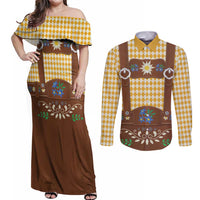 Lederhosen Oktoberfest Couples Matching Off Shoulder Maxi Dress and Long Sleeve Button Shirt Gold Edelweiss Floral Polka Dots - Wonder Print Shop