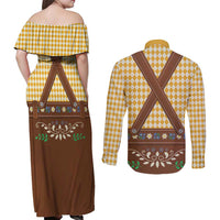 Lederhosen Oktoberfest Couples Matching Off Shoulder Maxi Dress and Long Sleeve Button Shirt Gold Edelweiss Floral Polka Dots - Wonder Print Shop