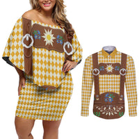 Lederhosen Oktoberfest Couples Matching Off Shoulder Short Dress and Long Sleeve Button Shirt Gold Edelweiss Floral Polka Dots - Wonder Print Shop