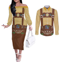Lederhosen Oktoberfest Couples Matching Off The Shoulder Long Sleeve Dress and Long Sleeve Button Shirt Gold Edelweiss Floral Polka Dots - Wonder Print Shop