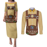 Lederhosen Oktoberfest Couples Matching Puletasi and Long Sleeve Button Shirt Gold Edelweiss Floral Polka Dots - Wonder Print Shop