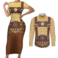 Lederhosen Oktoberfest Couples Matching Short Sleeve Bodycon Dress and Long Sleeve Button Shirt Gold Edelweiss Floral Polka Dots - Wonder Print Shop