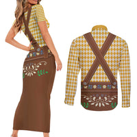 Lederhosen Oktoberfest Couples Matching Short Sleeve Bodycon Dress and Long Sleeve Button Shirt Gold Edelweiss Floral Polka Dots - Wonder Print Shop