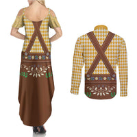 Lederhosen Oktoberfest Couples Matching Summer Maxi Dress and Long Sleeve Button Shirt Gold Edelweiss Floral Polka Dots - Wonder Print Shop