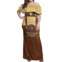 Lederhosen Oktoberfest Off Shoulder Maxi Dress Gold Edelweiss Floral Polka Dots - Wonder Print Shop