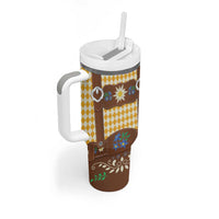 Lederhosen Oktoberfest Tumbler With Handle Gold Edelweiss Floral Polka Dots - Wonder Print Shop