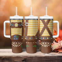 Lederhosen Oktoberfest Tumbler With Handle Gold Edelweiss Floral Polka Dots - Wonder Print Shop
