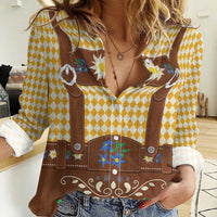Lederhosen Oktoberfest Women Casual Shirt Gold Edelweiss Floral Polka Dots - Wonder Print Shop
