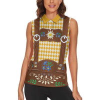 Lederhosen Oktoberfest Women Sleeveless Polo Shirt Gold Edelweiss Floral Polka Dots - Wonder Print Shop