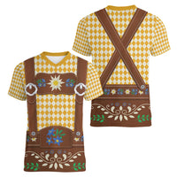 Lederhosen Oktoberfest Women V-Neck T-Shirt Gold Edelweiss Floral Polka Dots - Wonder Print Shop