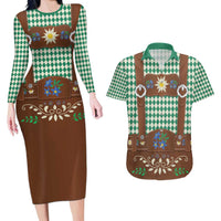 Lederhosen Oktoberfest Couples Matching Long Sleeve Bodycon Dress and Hawaiian Shirt Green Edelweiss Floral Polka Dots - Wonder Print Shop