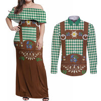Lederhosen Oktoberfest Couples Matching Off Shoulder Maxi Dress and Long Sleeve Button Shirt Green Edelweiss Floral Polka Dots - Wonder Print Shop
