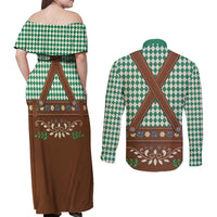 Lederhosen Oktoberfest Couples Matching Off Shoulder Maxi Dress and Long Sleeve Button Shirt Green Edelweiss Floral Polka Dots - Wonder Print Shop