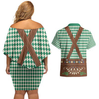 Lederhosen Oktoberfest Couples Matching Off Shoulder Short Dress and Hawaiian Shirt Green Edelweiss Floral Polka Dots - Wonder Print Shop