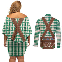 Lederhosen Oktoberfest Couples Matching Off Shoulder Short Dress and Long Sleeve Button Shirt Green Edelweiss Floral Polka Dots - Wonder Print Shop