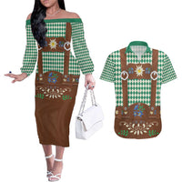 Lederhosen Oktoberfest Couples Matching Off The Shoulder Long Sleeve Dress and Hawaiian Shirt Green Edelweiss Floral Polka Dots - Wonder Print Shop