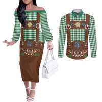 Lederhosen Oktoberfest Couples Matching Off The Shoulder Long Sleeve Dress and Long Sleeve Button Shirt Green Edelweiss Floral Polka Dots - Wonder Print Shop