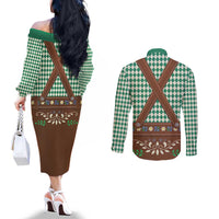 Lederhosen Oktoberfest Couples Matching Off The Shoulder Long Sleeve Dress and Long Sleeve Button Shirt Green Edelweiss Floral Polka Dots - Wonder Print Shop