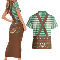 Lederhosen Oktoberfest Couples Matching Short Sleeve Bodycon Dress and Hawaiian Shirt Green Edelweiss Floral Polka Dots - Wonder Print Shop