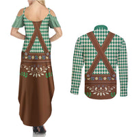 Lederhosen Oktoberfest Couples Matching Summer Maxi Dress and Long Sleeve Button Shirt Green Edelweiss Floral Polka Dots - Wonder Print Shop