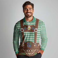 Lederhosen Oktoberfest Long Sleeve Polo Shirt Green Edelweiss Floral Polka Dots - Wonder Print Shop